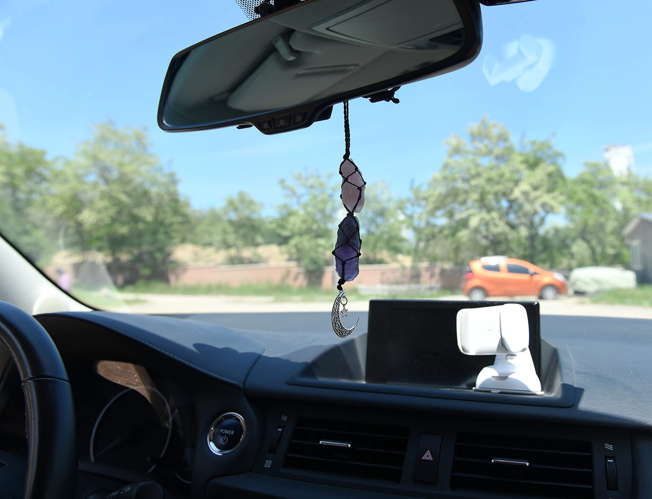 BOHO GARDEN Hanging Car Charm - Rose Quartz, Amethyst - Dangling Moon, Healing Crystal Accessories, Rearview Mirror Decorations - Love, Connection, Self-Worth, Balance, Intuition, Spirituality, Energy Rose Quartz-amethyst