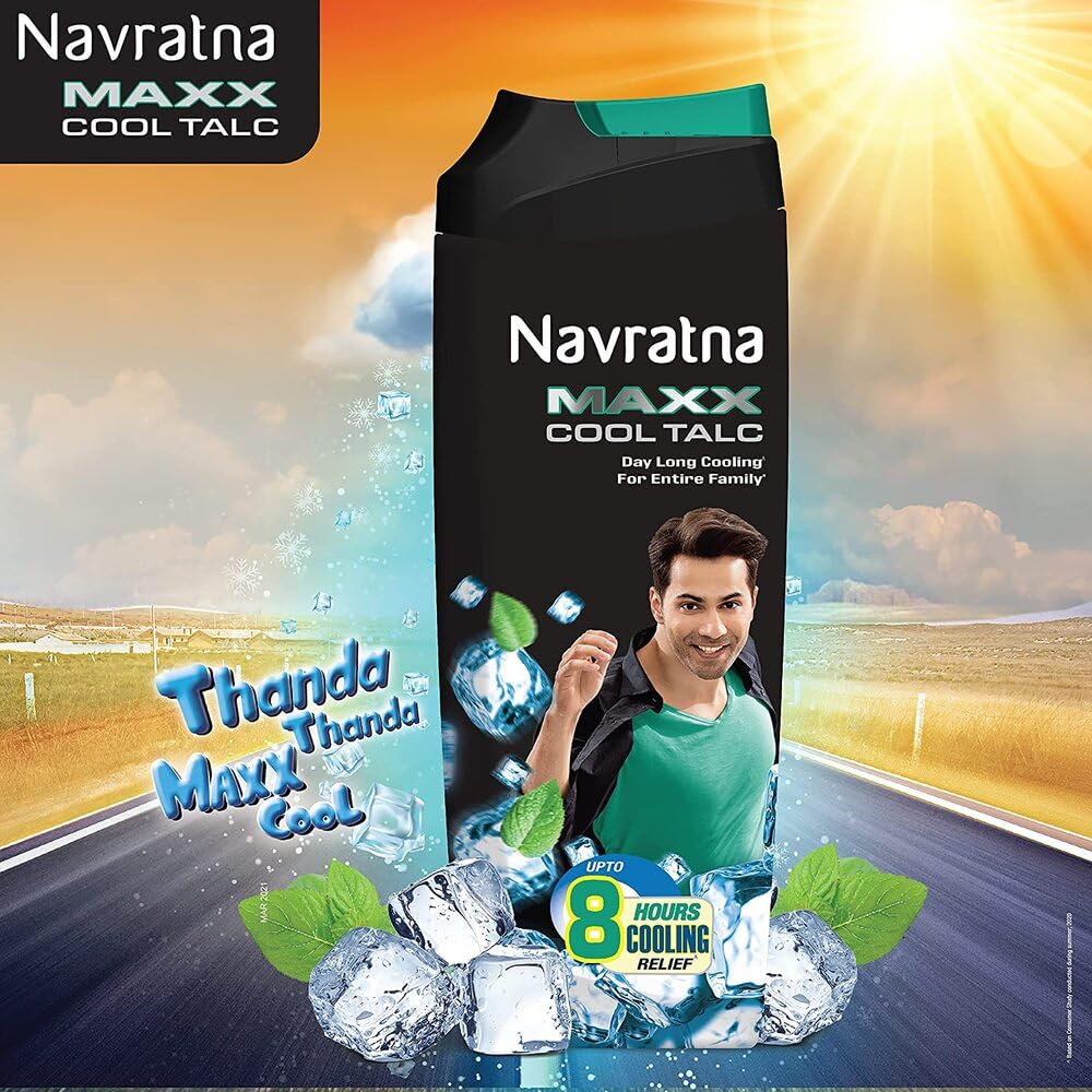 Navratna Maxx Cool Talc | Talcum Powder | Body Odour Protection & Strong Cooling Effect | Long Lasting Freshness & Fragrance, 400gm