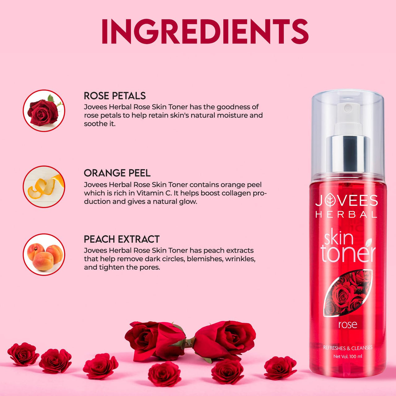 Jovees Herbal Rose Skin Toner For Refreshing Youthful Skin, Tightens Pores, Healthy Glow | Face Mist & Toner For Normal to Dry Skin | Paraben, Alcohol And Chemical Free- 200ml