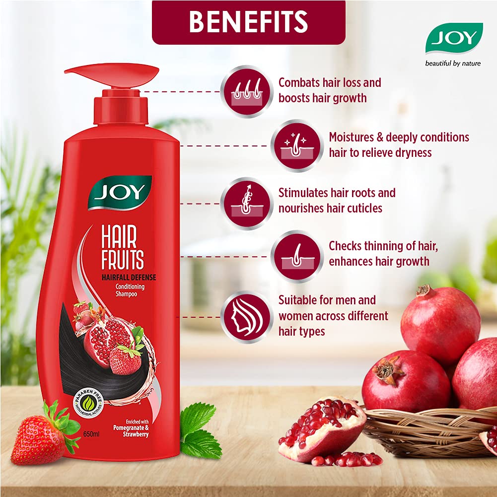 Joy Hair Fruits Hairfall Defense Conditioning Shampoo Enriched with Pomegranate & Strawberry, 650 ml