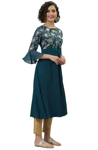 Janasya Women's  Teal Ethnic Motifs Crepe Kurta S