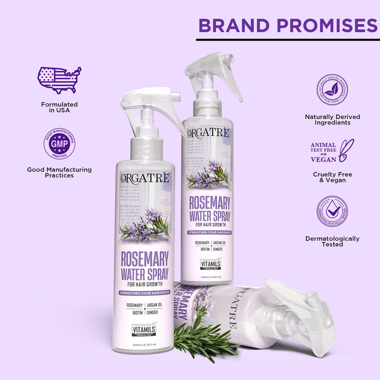 Orgatre Rosemary Water Spray for Hair Growth & Controls Hairfall with BIOTIN | Pure Natural Green Extraction Technologies | Controls Dandruff & Itchiness | Enhances Hair Texture & Shine | Non-Greasy & Fast Absorbing | 200 ml