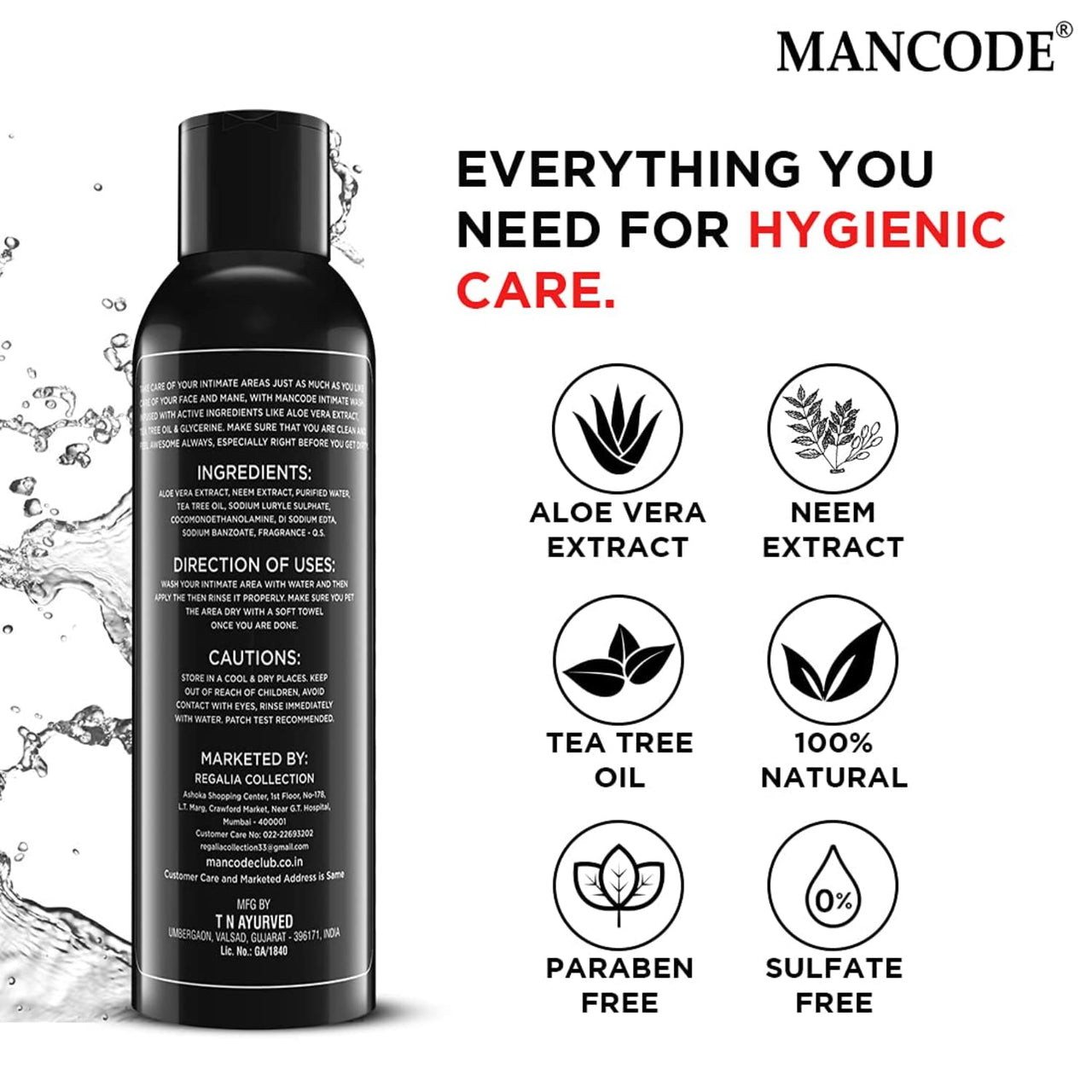 Mancode Intimate Wash For Men - Pack of 2 x 100ml with Tea Tree Essential Oil Ayurvedic & Natural Personal Intimate Hygiene Prevents Itching Irritation & Dryness Caused By Sweating Ball Wash for Men.