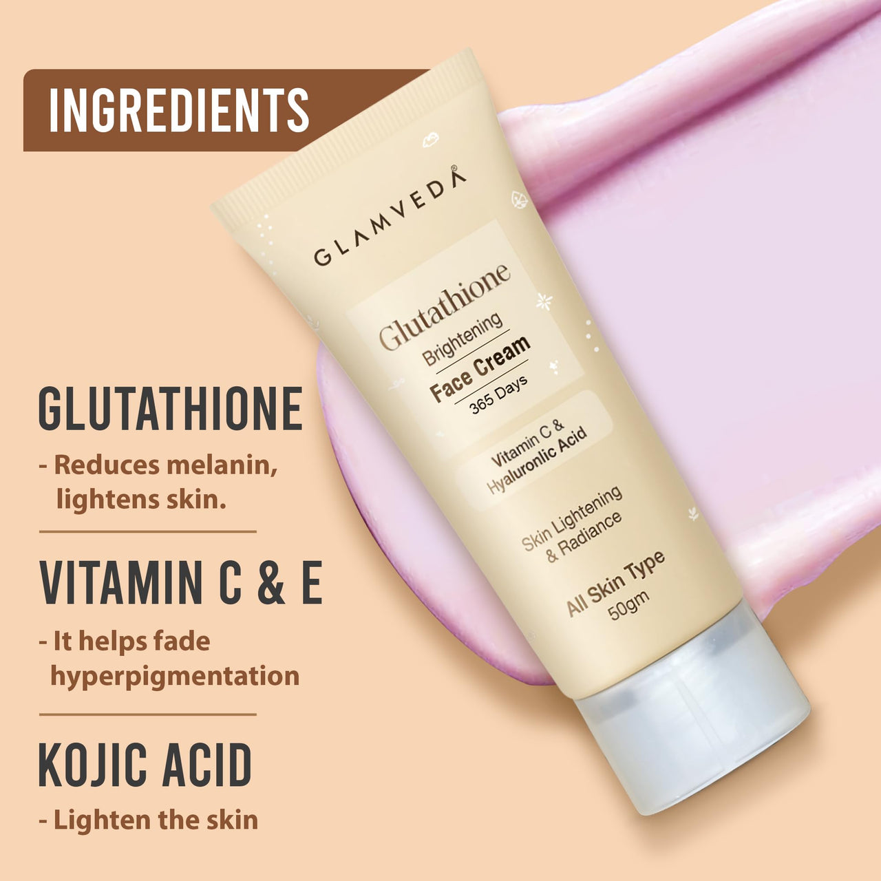 Glamveda Glutathione Face Cream For Glowing Skin | Brighter, Hydrated | Reduces Dark Spots, Pigmentation | with Vitamin C & Hyaluronic Acid | Skin Brightening Cream For Women | All Skin Type 50g