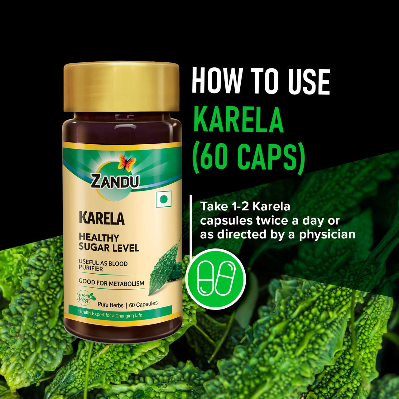 Zandu Karela (Bitter Melon) - 60 Veg Capsules, Helps for Healthy Sugar Levels, Boosting Metabolism & Known for Blood Purification