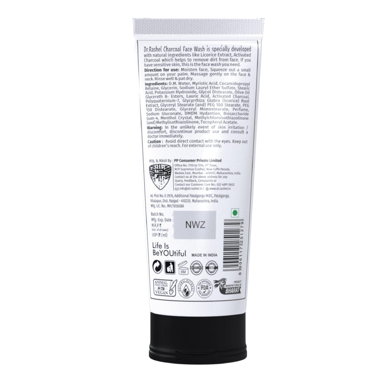 DR.RASHEL Charcoal Face Wash Deep Cleansing & Anti-Polltion with Active Cool with No Parabens, SLS, Silicones & Colour (100 ml)