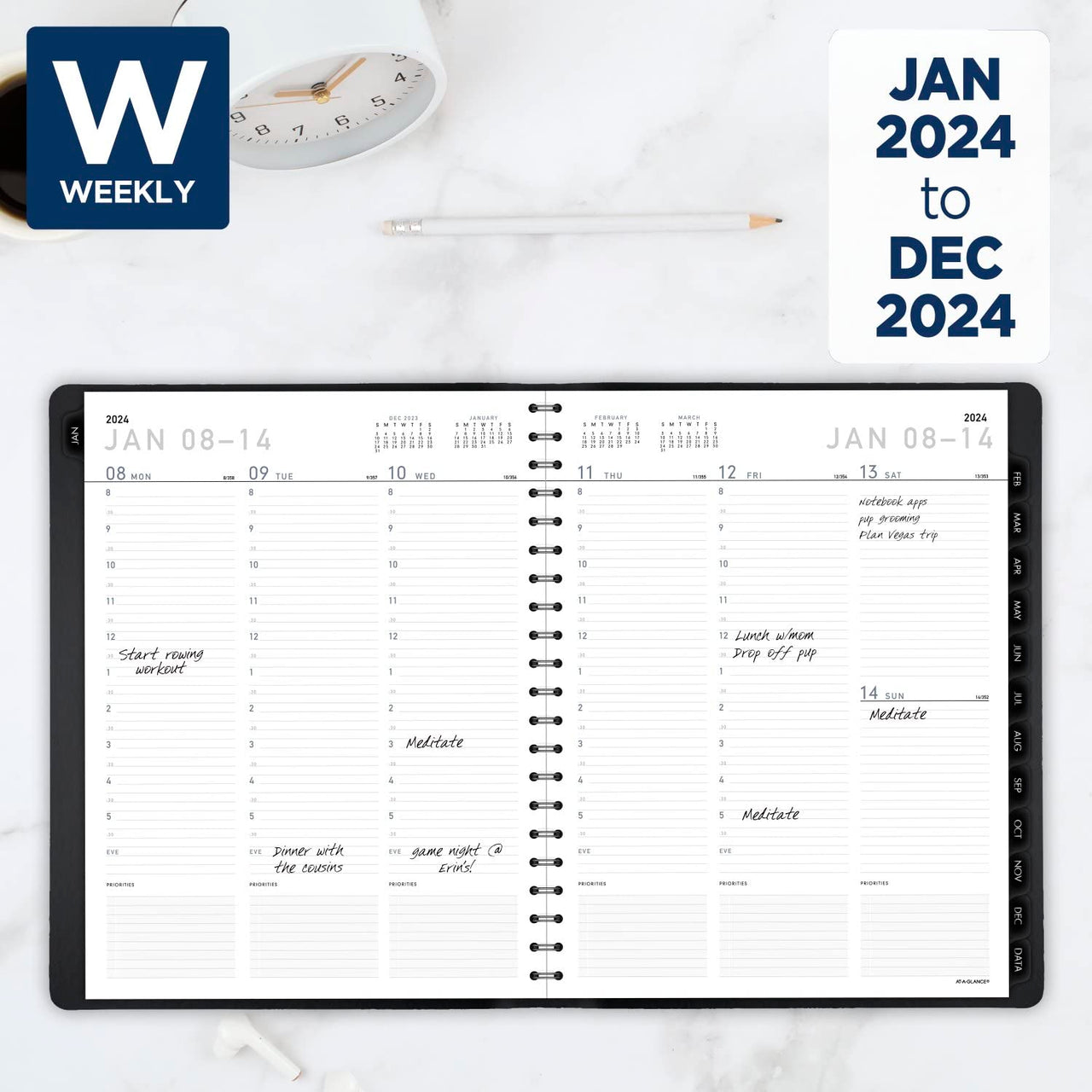 AT-A-GLANCE 2024 Weekly & Monthly Planner, Half-Hourly Appointment Book, 8-1/4" x 11", Large, Monthly Tabs, Pocket, Contemporary, Black (70950X0524) 2024 New Edition