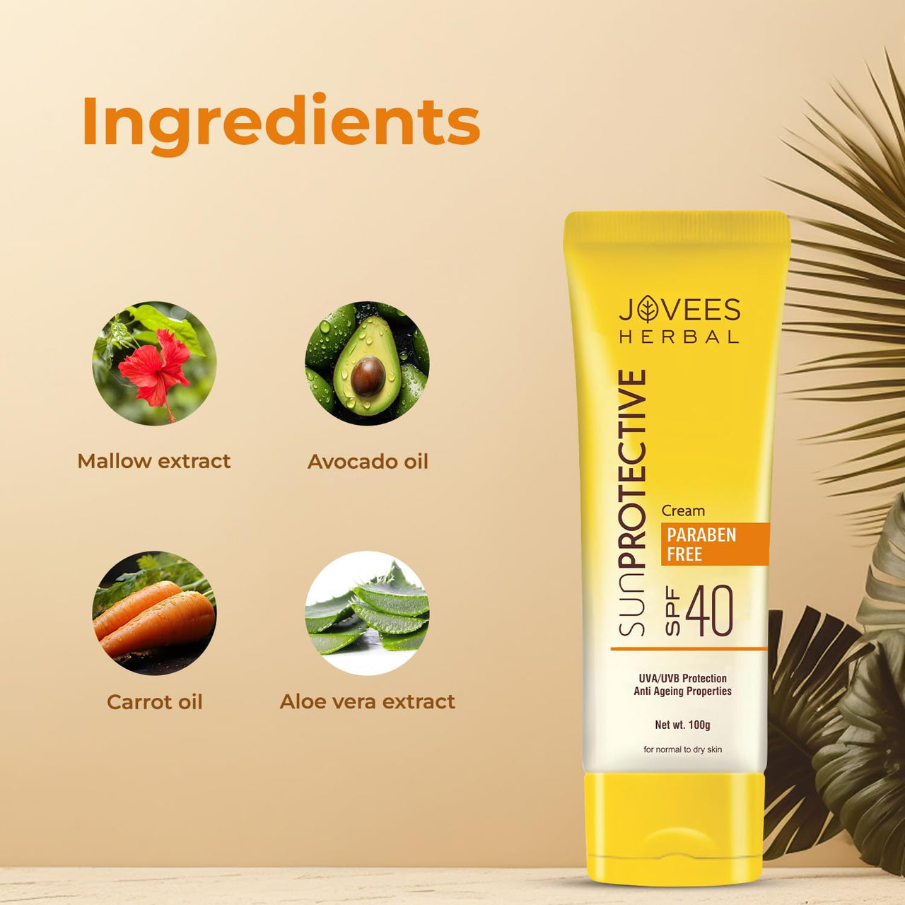 Jovees Herbal Sun Protective Sunscreen SPF 40 | Lightweight, Quick Absorbing and Oil Free - UVA/UVB Protection | Normal to Dry Skin Type | Paraben & Alcohol Free 100g (Pack of 2)