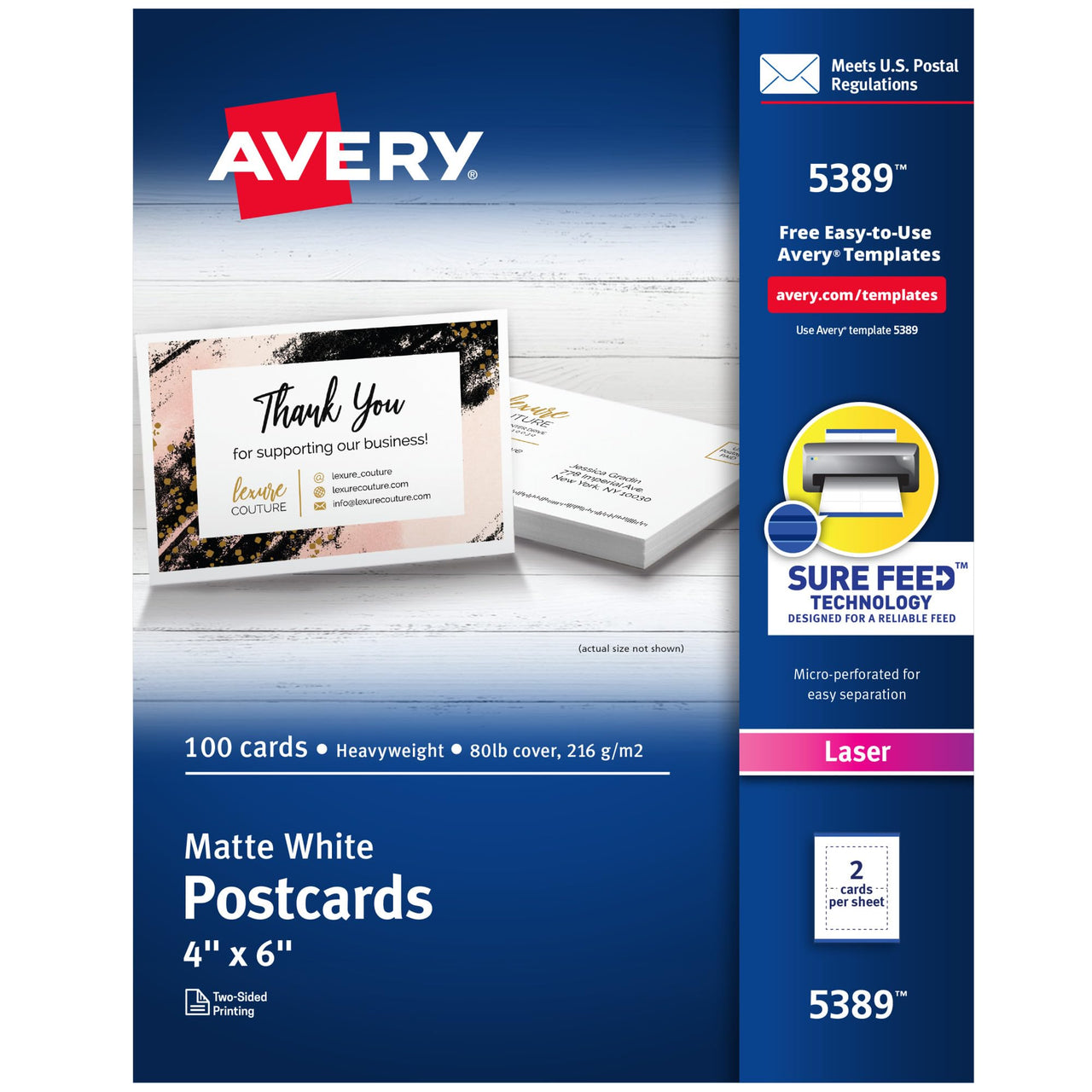 Avery Printable Postcards with Sure Feed Technology, 4" x 6", White, 100 Blank Postcards for Laser Printers (05389)