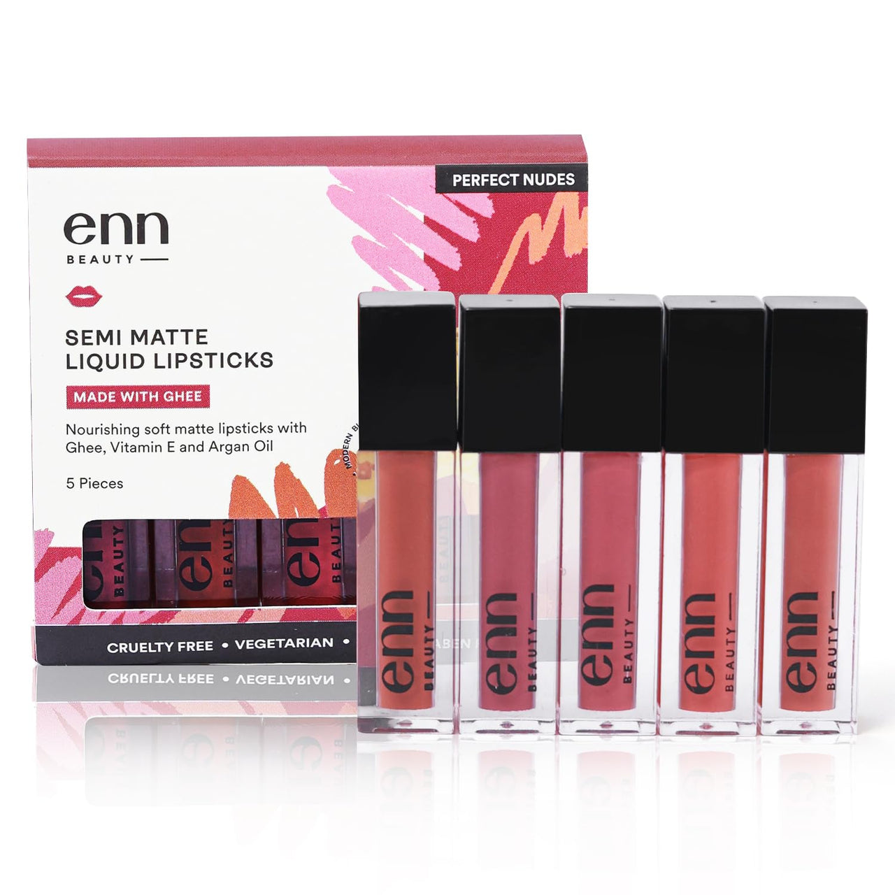 ENN Long Lasting Semi Matte Nourishing Soft Liquid Lipsticks Kit With 12 Hour Coverage | Transfer proof Highly Pigmented Godness of Natural Ingredients of Ghee | Vitamin-E | Argan Oil | Pack Of 5 Perfect Nudes