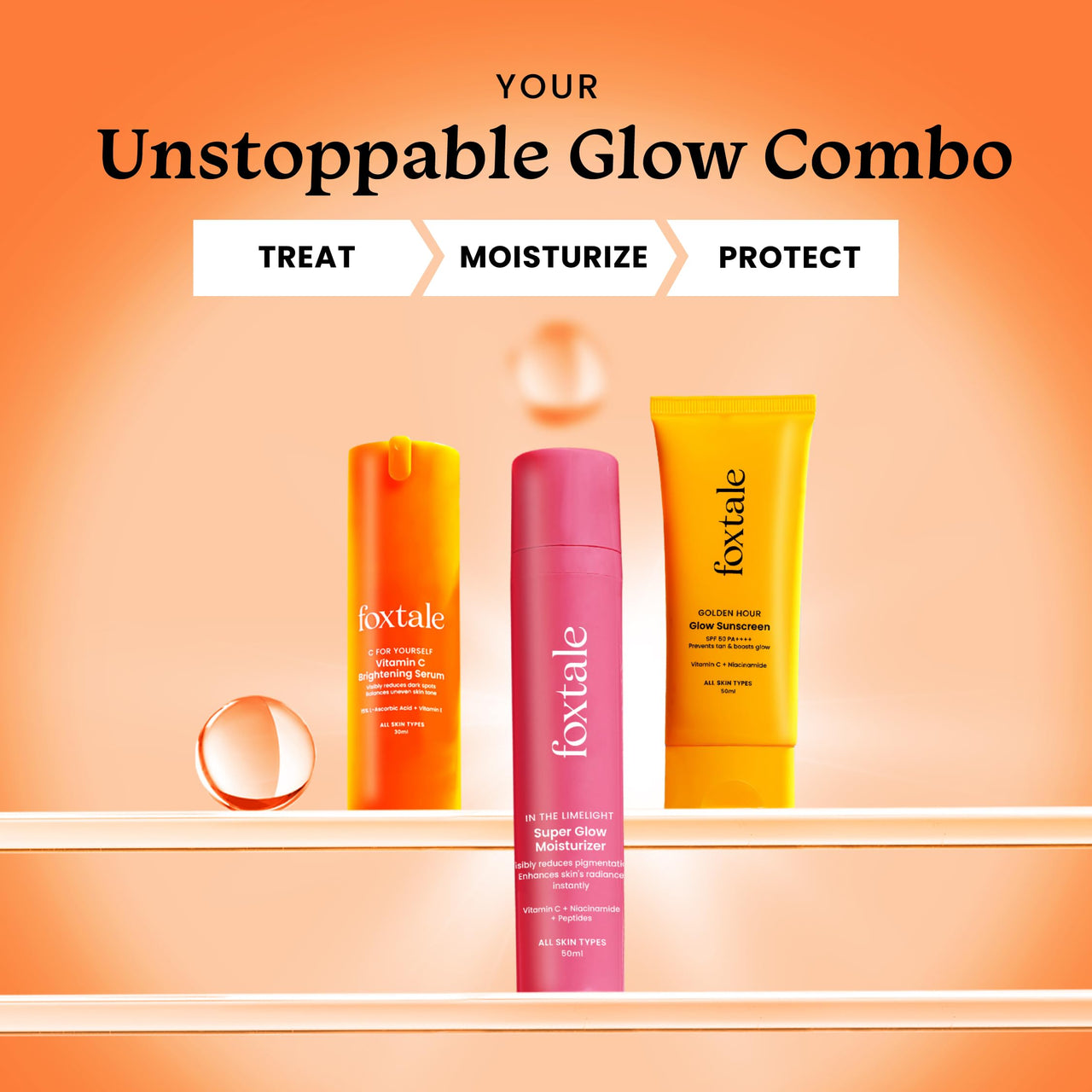 Foxtale Unstoppable Glow Combo | SPF 50 Sunscreen, Vitamin C Serum & Super Glow Moisturizer | Brightens Skin, Fades Dark Spots & Reduces Pigmentation | Vitamin C, Niacinamide & Peptides | Hydrating, Non-Sticky, Lightweight | For All Skin Types