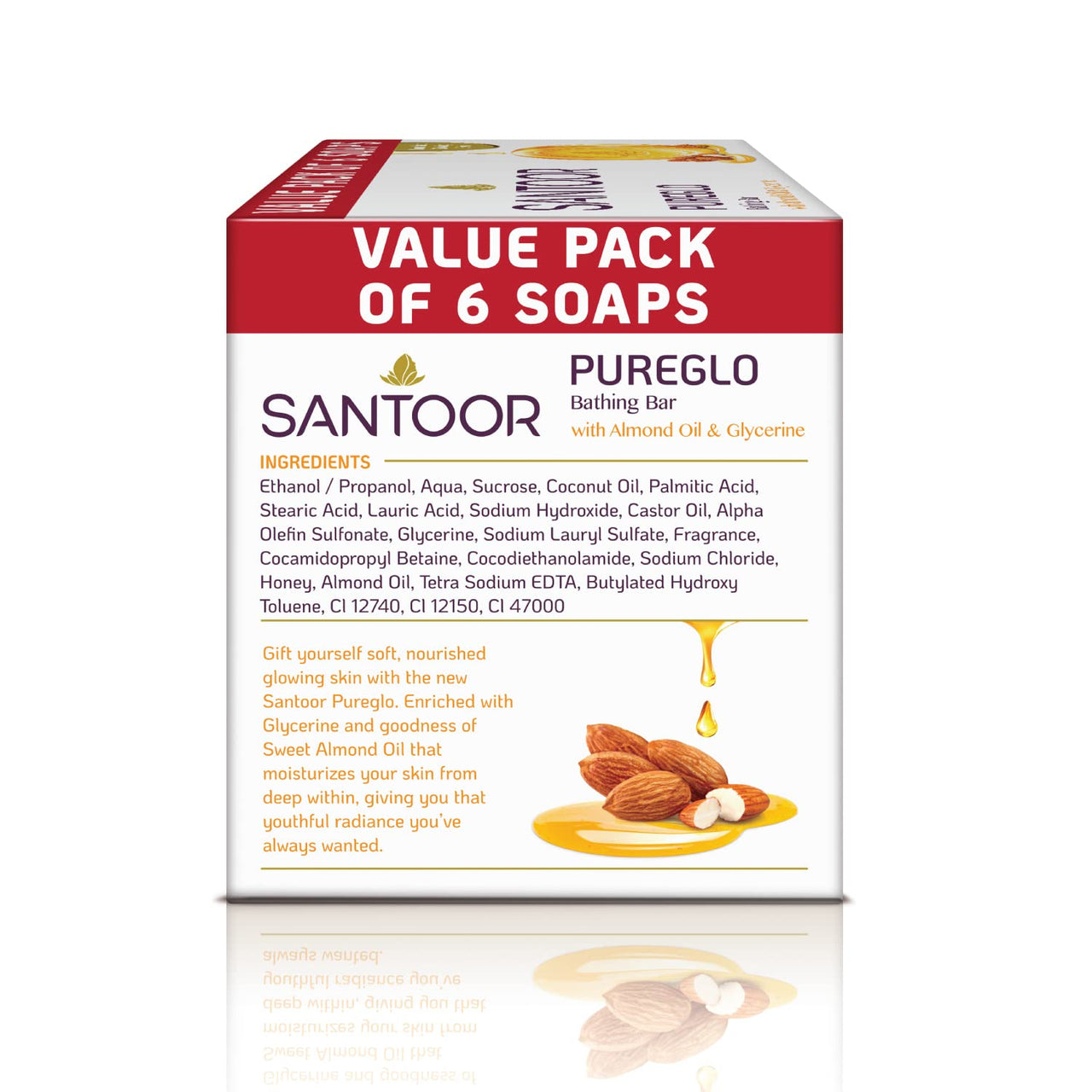 Santoor PureGlo Glycerine Soap with Almond Oil and Glycerine, 125g (Pack of 6) for Nourished Glowing Skin