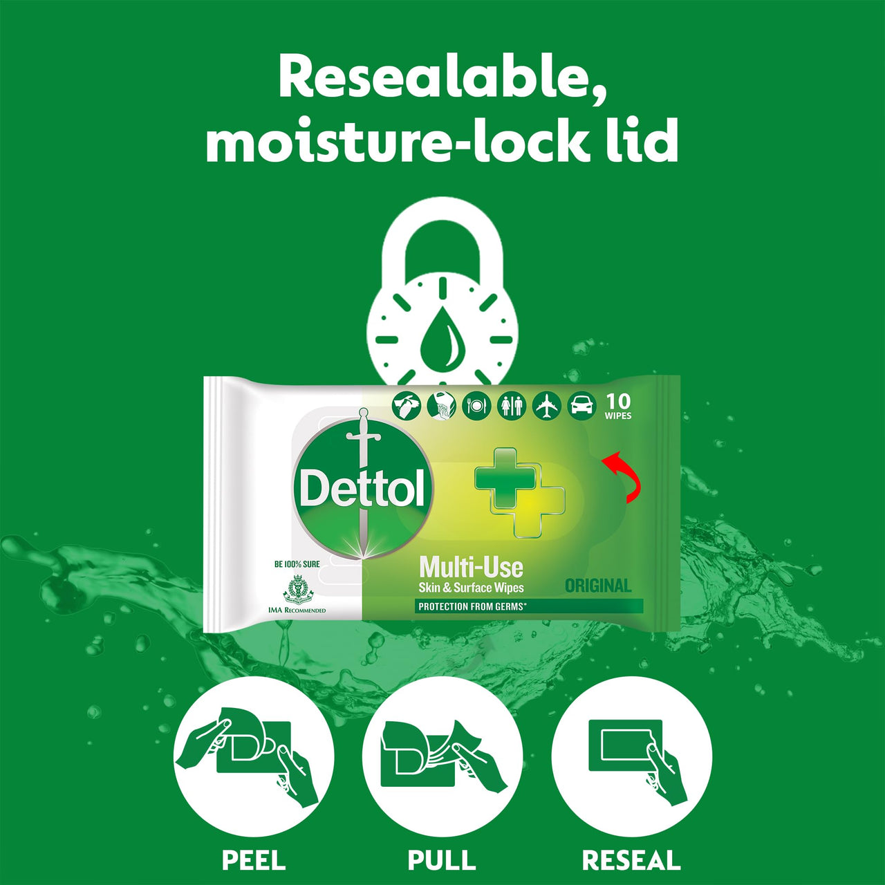 Dettol Germ Protection Wet Wipes for Skin & Surfaces, Original - 40 Count (Pack of 3)|| Moisture-Lock Lid