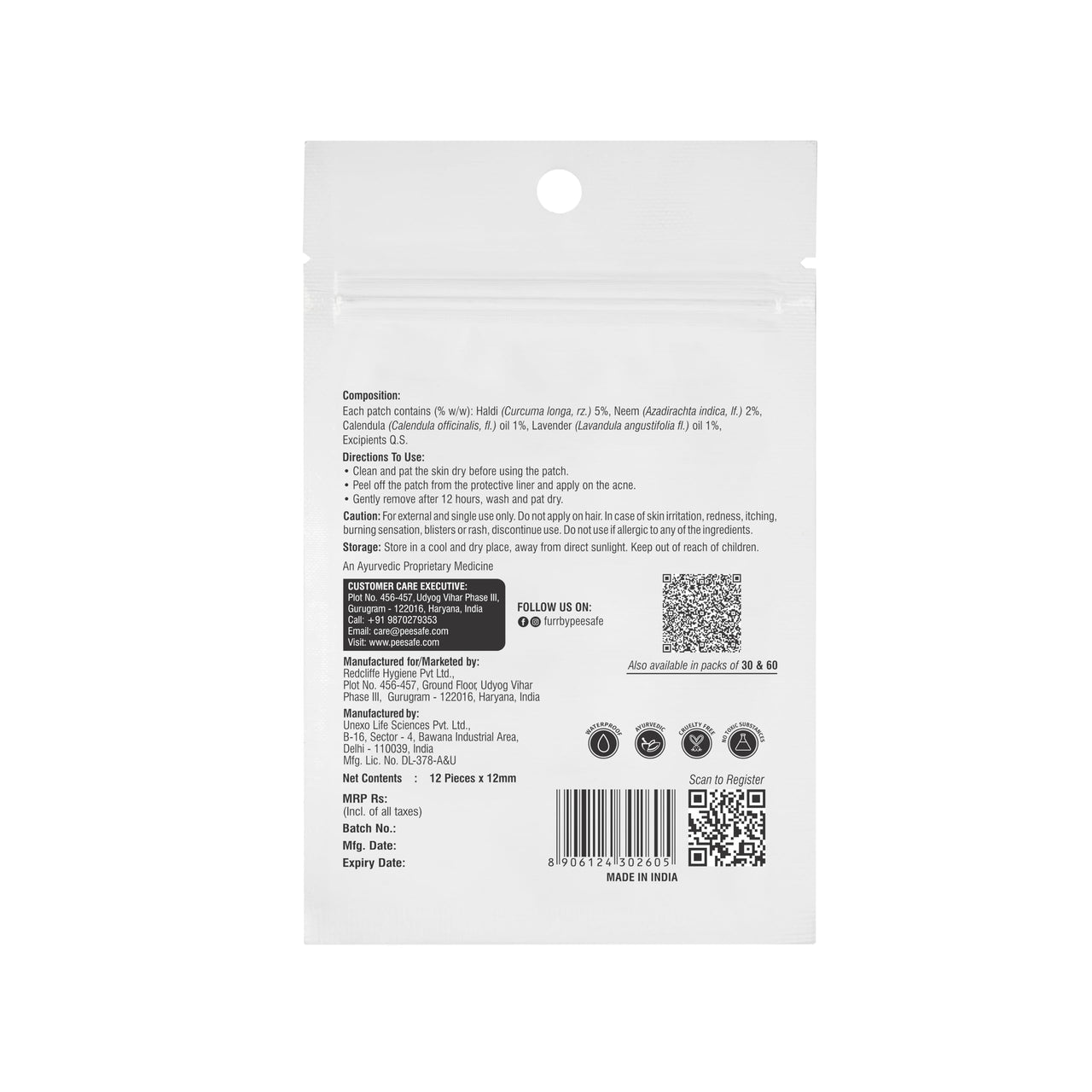 FURR by Pee Safe Acne Patches For Pimples | 12 Hydrocolloid Acne Relief Patches - 3 Sizes | Made with Ayurvedic Ingredients | Anti Inflammatory | Reduces Acne, Spots and Blemishes