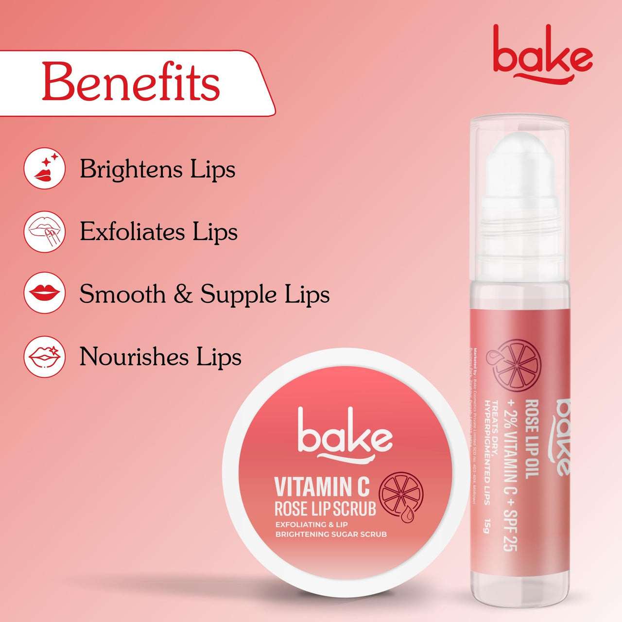 BAKE Vitamin C Rose Tinted Lip Kit | Lip Lightening Scrub for Dark Lips Exfoliation | For Hyperpigmented Lips, Dehydrated Lips, Flaky Lips & Chapped Lips | For Men & Women | 25g (Rose Lip Kit)