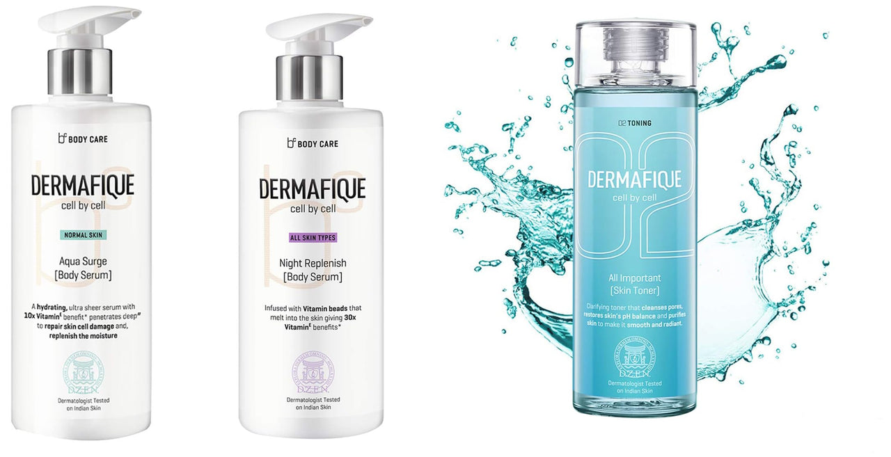 Dermafique All Important Skin Toner, 150 ml & Dermafique Aquasurge Body Serum, 300 ml & Dermafique Night Replenish Body Serum, Body Lotion (300 ml)