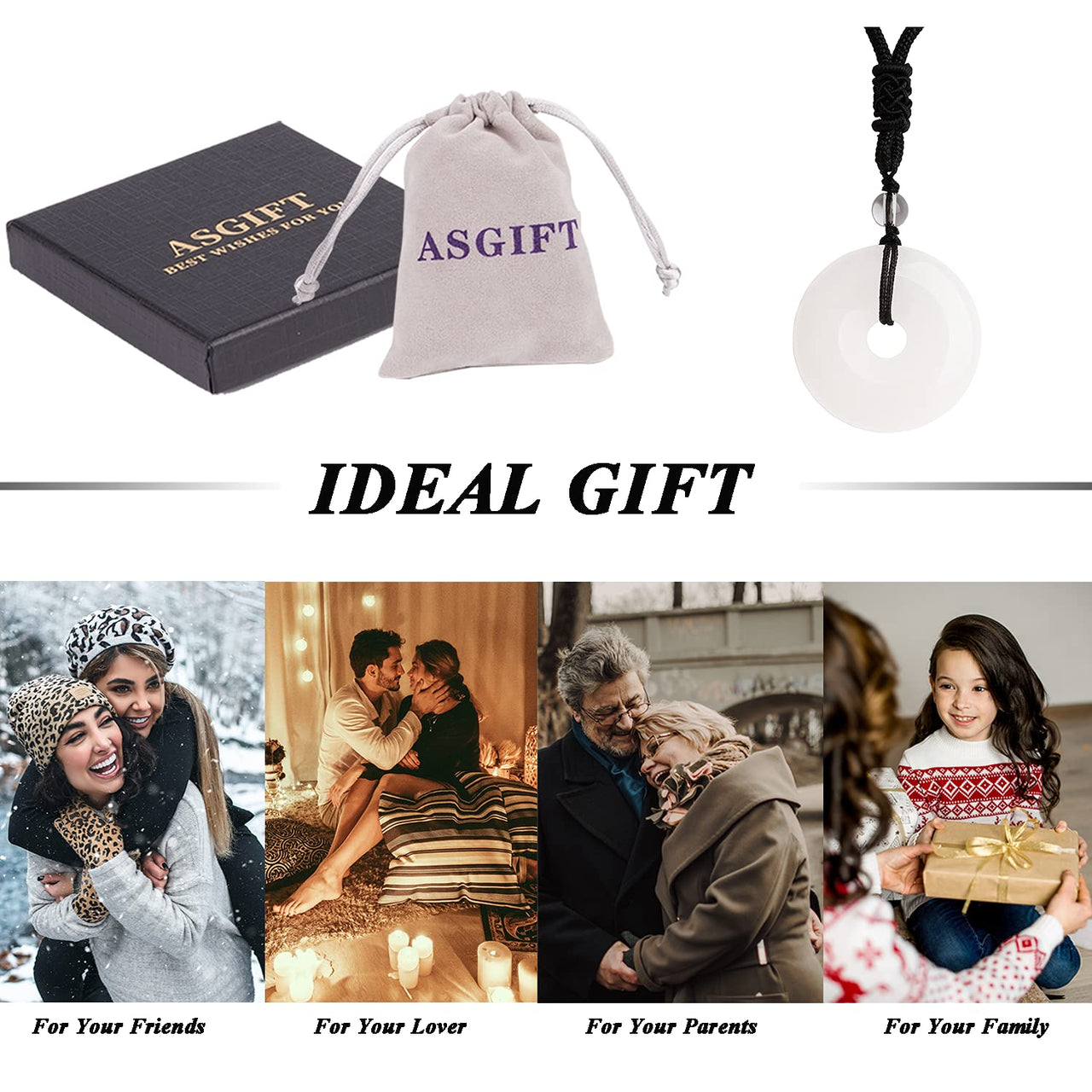 ASGIFT Lucky Coin Crystal Necklace 30mm Round Donut Natural Quartz Protection Pendant with Adjustable Rope Reiki Healing Crystal Stone Spiritual Necklaces for Men Women White-Clear Quartz