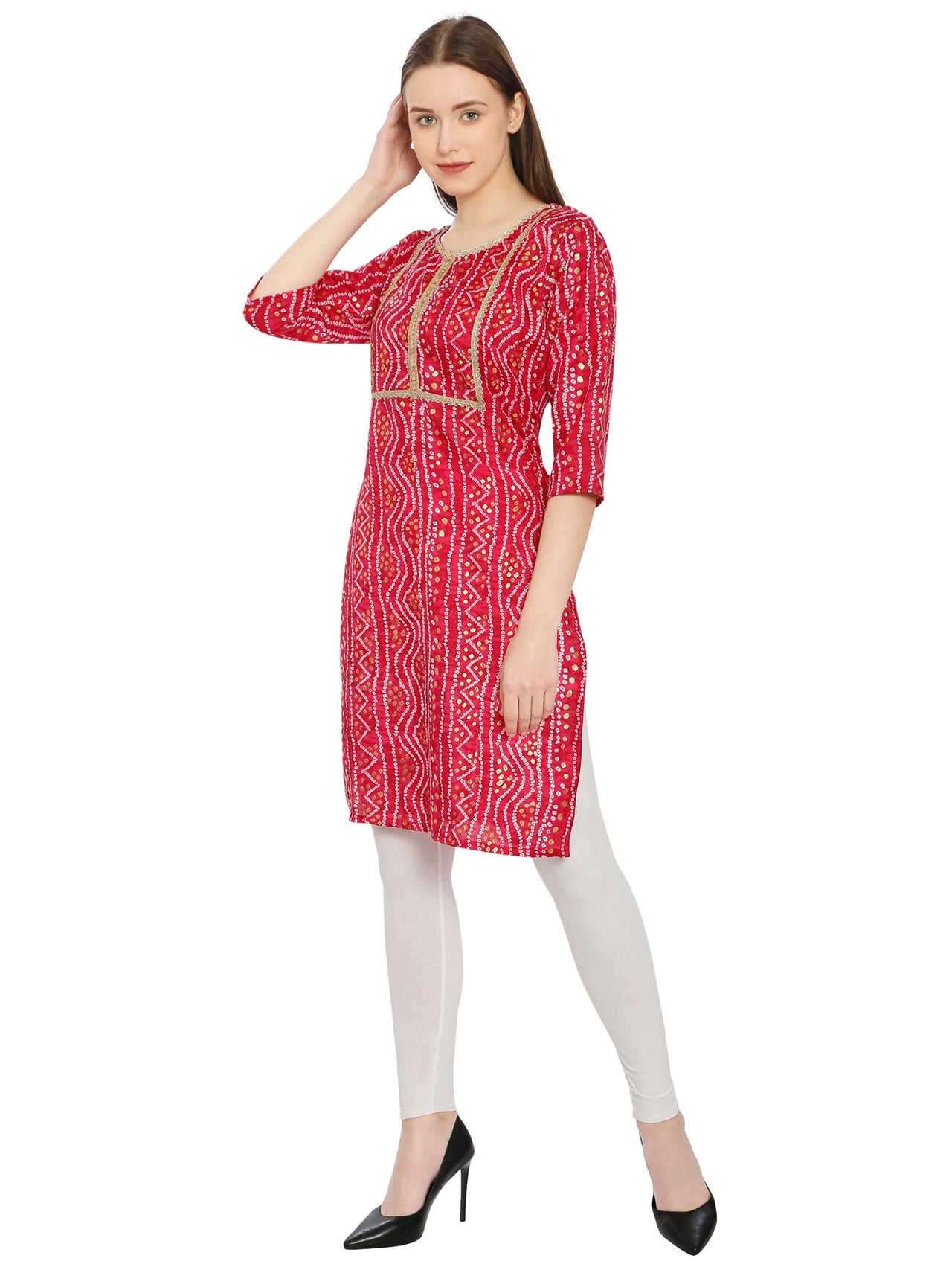 InTrend Forever Bandhani Foil Print Designer || Cotton Kurta for Ladies || Straight Fit || Zari & Sequins lace || Kurtis for Women