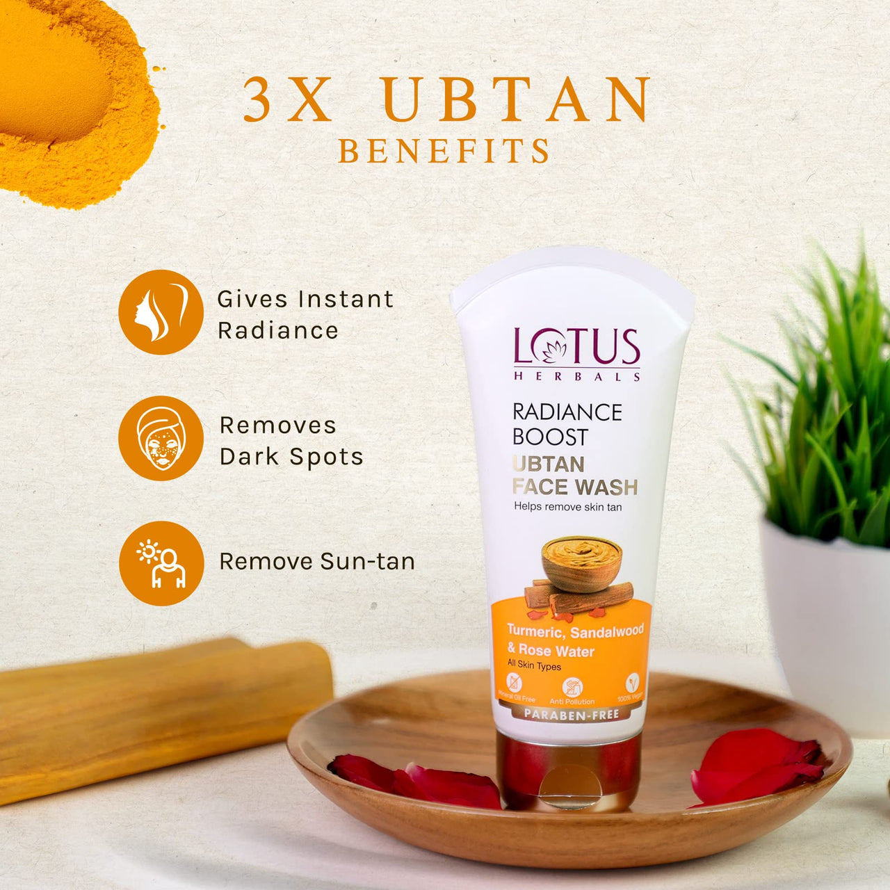 Lotus Herbals Radiance Boost Ubtan Face Cream SPF 20 (50g)|Face Wash (100g)|Face Mask (100g) (pack of 3,. 250g)