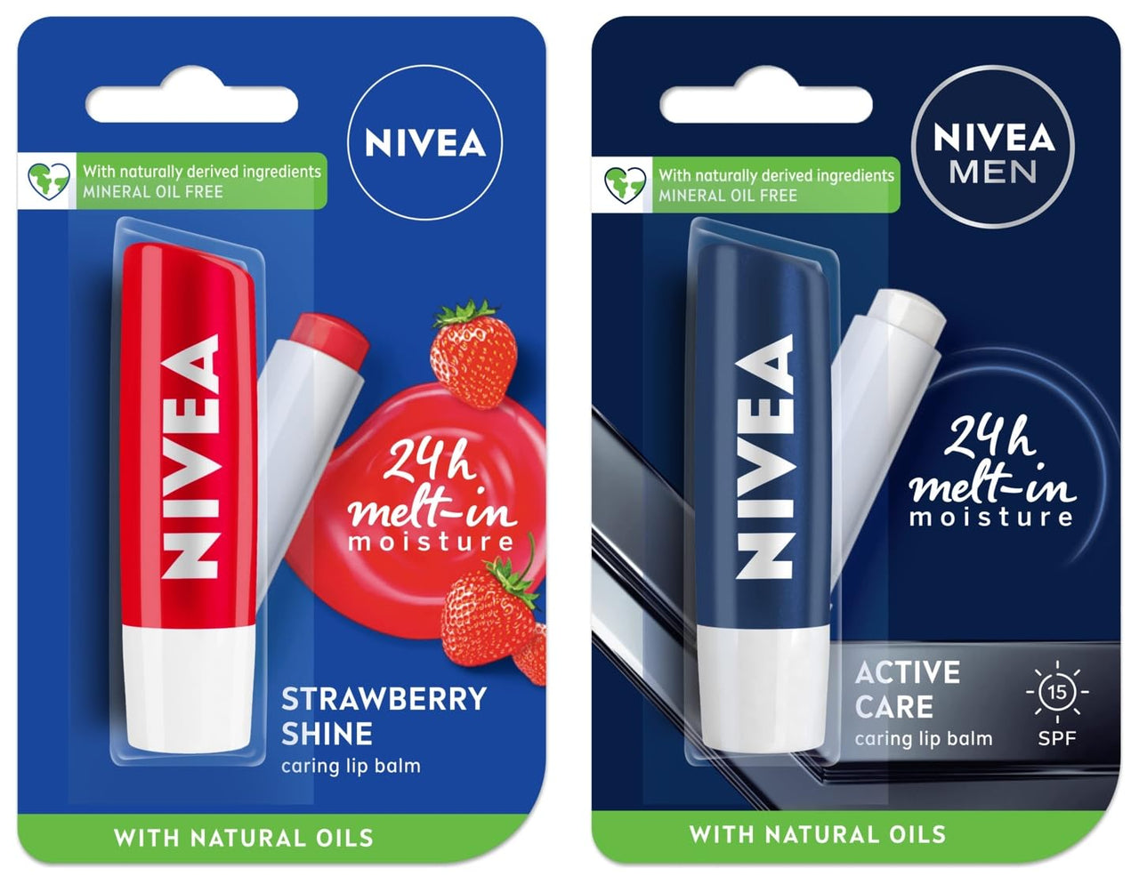 NIVEA Men 24 H melt-in mpisture Active Care clearing Lip Balm, SPF 15 & NIVEA Lip Balm, Fruity Strawberry Shine,4.8 g (Pack of 2)
