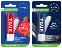 NIVEA Men 24 H melt-in mpisture Active Care clearing Lip Balm, SPF 15 & NIVEA Lip Balm, Fruity Strawberry Shine,4.8 g (Pack of 2)