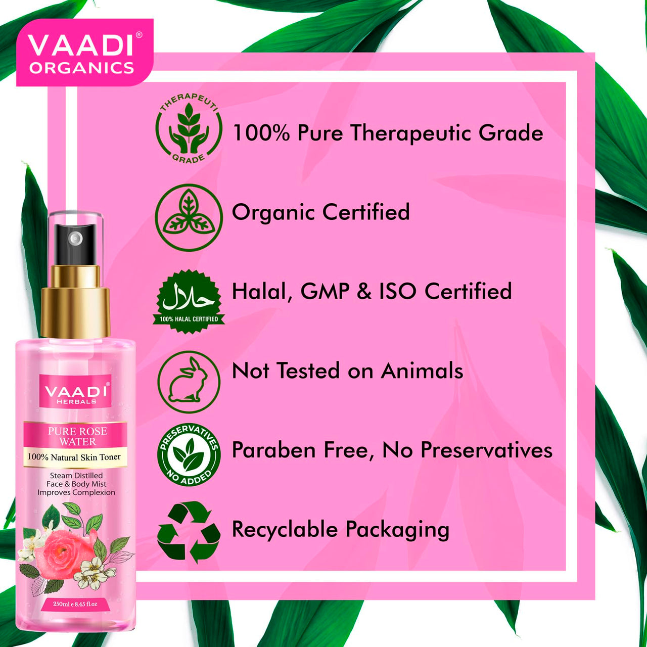 VAADI HERBALS Rose Water For Healthy&Hydrated Skin-100% Natural&Pure Rose Water Reduces Skin Redness,Itchiness And Inflamation Improves Skin Complexion Prevents Skin Ageing Alcohol Free-250Ml