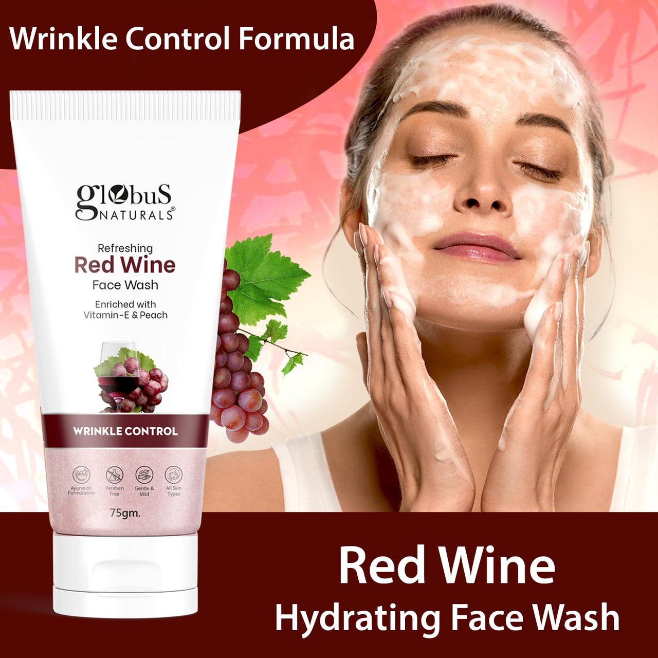 Globus Naturals Red Wine Hydrating Face Wash, Enriched With Rosemary & Honey, Wrinkle Control Formula, Natural, Gentle & Mild, Suitable For All Skin Types, 75 gm