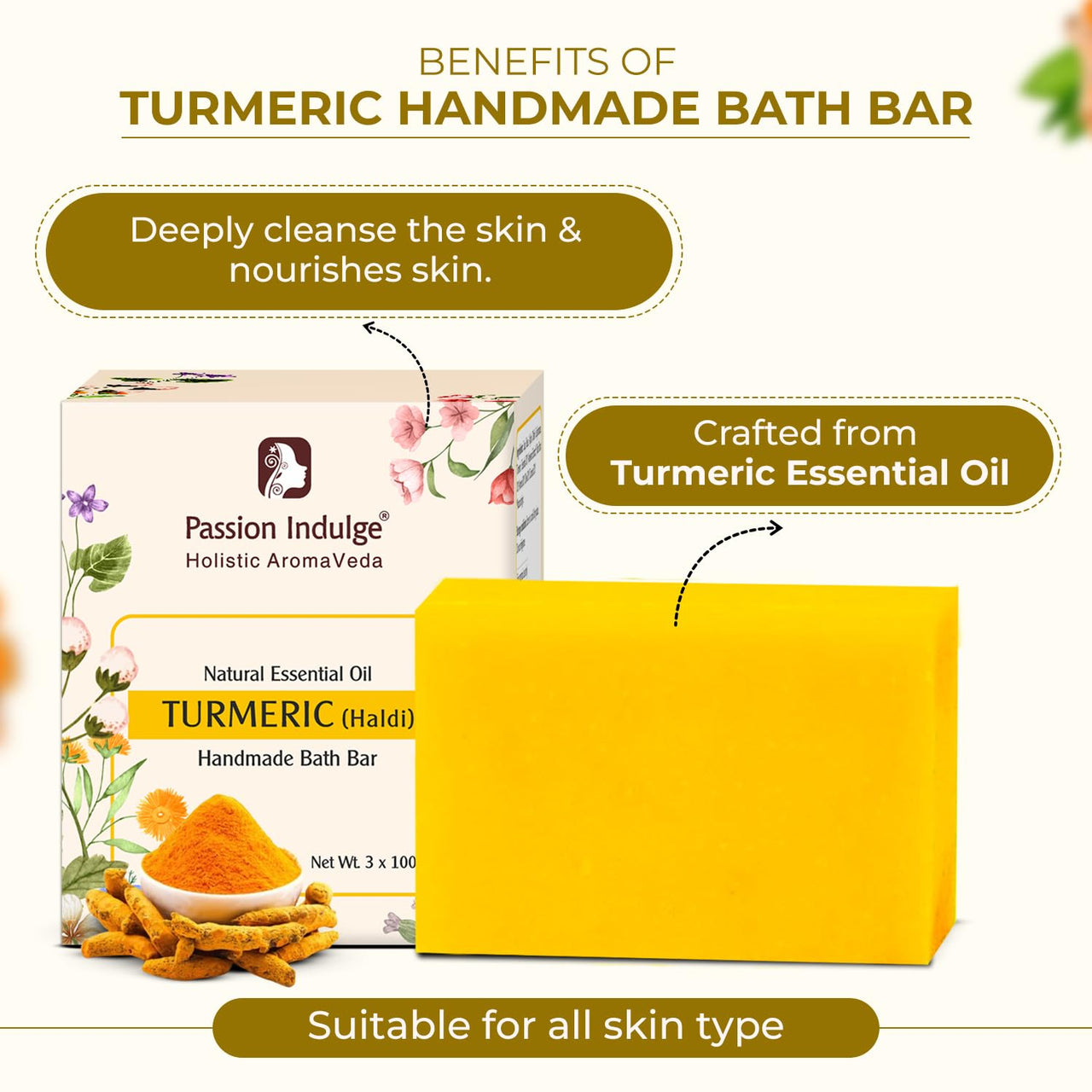 Passion Indulge Natural Handmade Bath Bar Soap - Turmeric (Pack of 3)