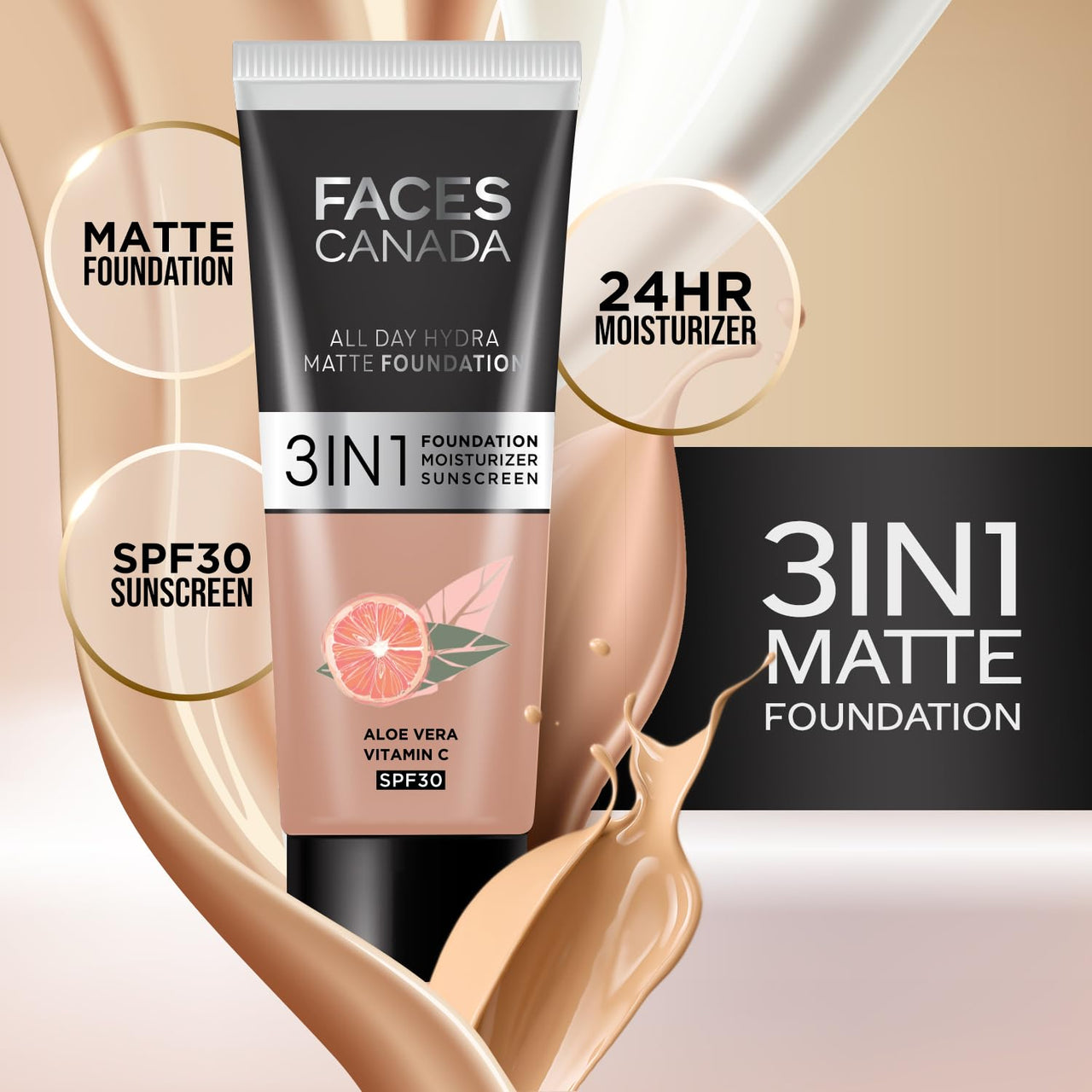 FACESCANADA All Day Hydra Matte Cream Foundation-Mini|3-In-1 Foundation + Moisturizer + Spf 30|24 Hr Aloe Hydration&Vitamin C|10Hr Long Wear|Medium To High Buildable Coverage|Rose Ivory,15Ml,1 Count