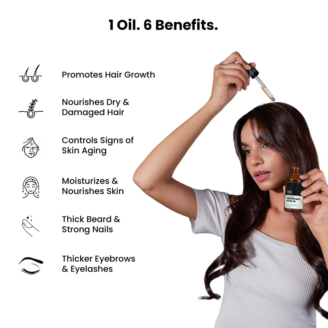 ThriveCo Cold-Pressed Jamaican Black Castor Oil for Hair, Skin, Eyebrows, Eyelashes & Nails | Promotes Scalp Health, Thicker Brows & Lashes | Prevents Hair Breakage | For Men & Women | 50 ml