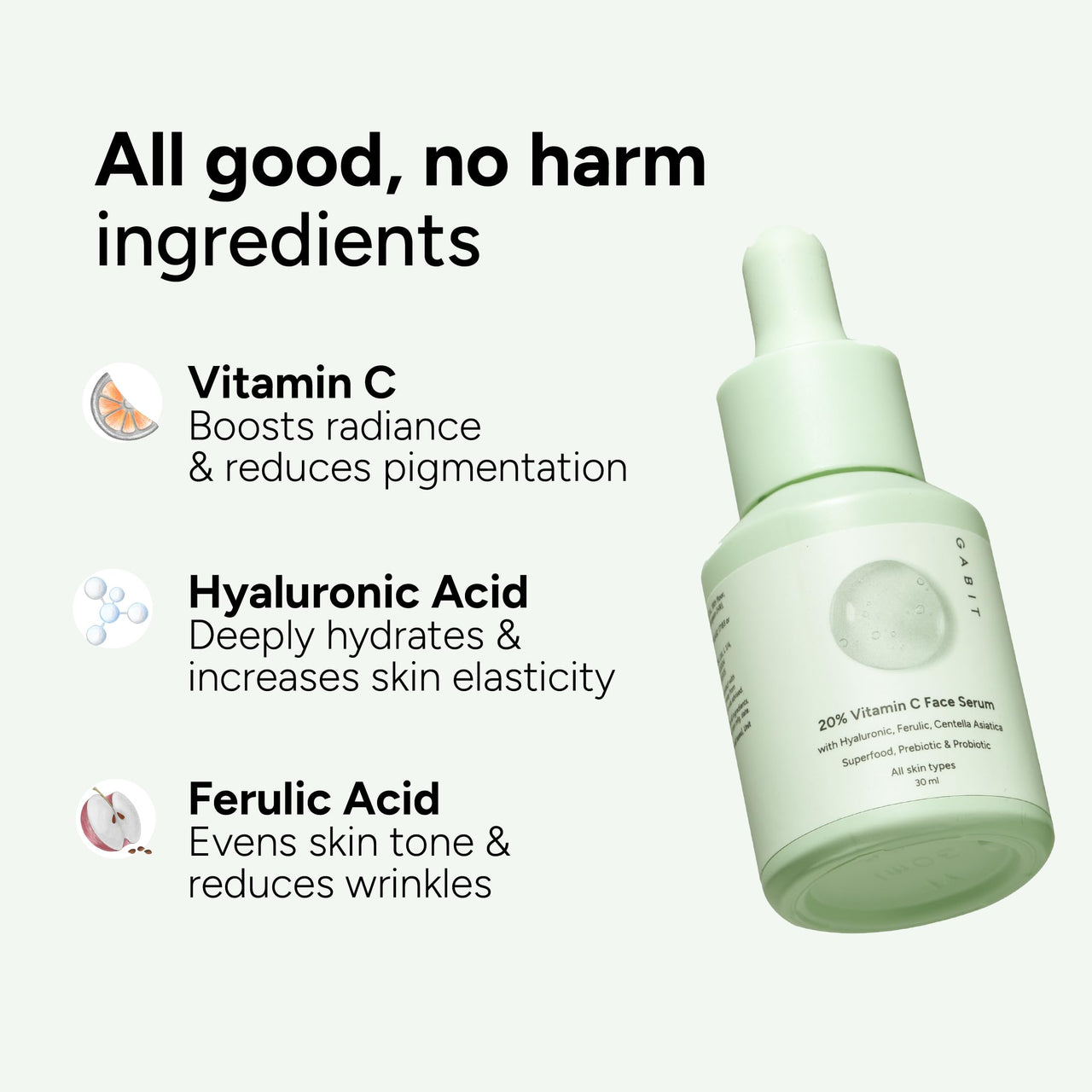 Gabit 20% Vitamin C Face Serum for Glowing Skin | Brightening Serum for Dark Spots, Dull Skin, Tanned Skin | Improves Wrinkles | Hyaluronic, Ferulic, CiCa, Prebiotic, Probiotic | Oil & PEG free |30 ml