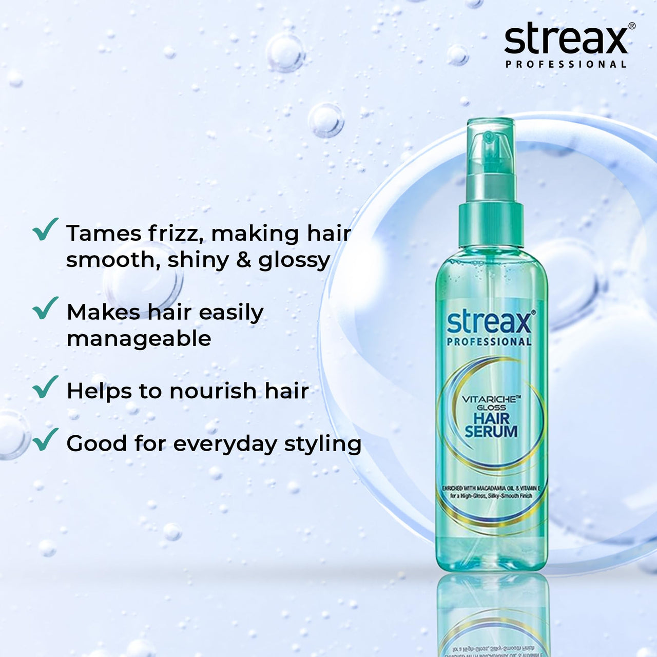 Streax Professional Vitariche Gloss Hair Serum | Frizz-Free Hair | Enhance Shine and Smoothness | With Vitamin E & Macadamia Oil| | For All Hair Types| 115 ml Pack of 2