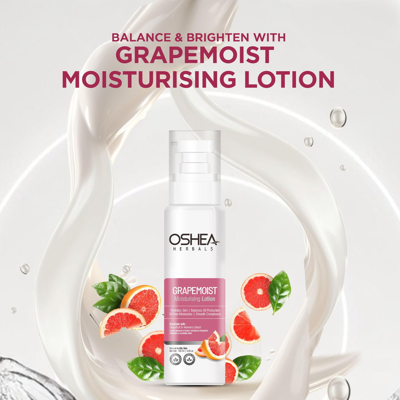 Oshea Herbals GrapeMoist Moisturising Lotion for Normal to Oily Skin Type | Balances Oil Production & Hydrates Skin with Smooth Complexion | Enriched with Grapefruit & Aloe vera Extracts 120ml