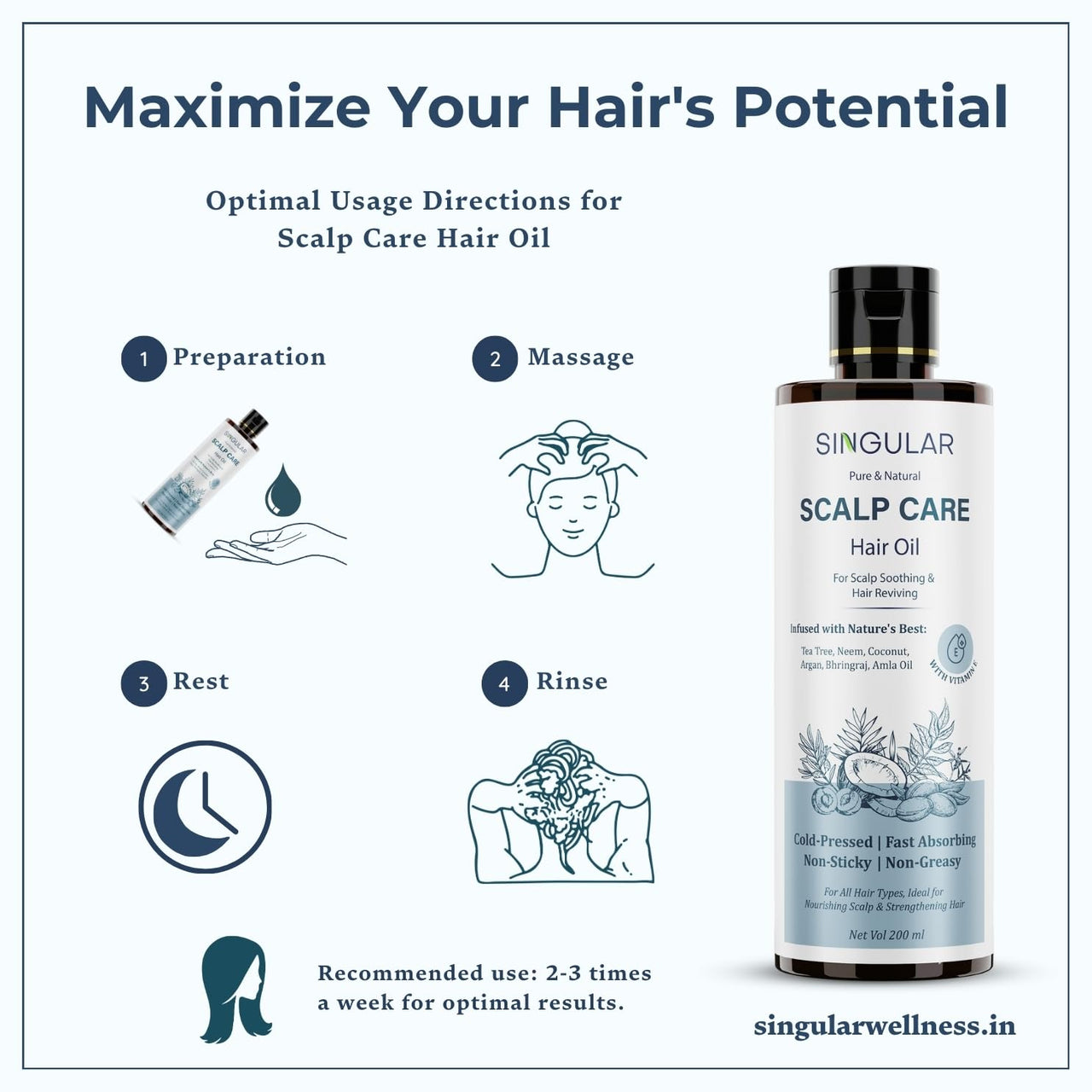 Singular Scalp Care Hair Oil for Scalp Soothing & Hair Reviving | Pure & Natural Cold Pressed Oil Infused with Nature's Best Tea Tree, Neem, Coconut, Argan, Bhringraj, Amla Oil with Vitamin E | Ideal for Nourishing Scalp & Strengthening Hair | 400 ml