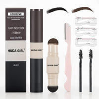 HUDA GIRL Dual Color 2in1 Hairline Powder & Eyebrow Filler for Women, Instant Hair Touch Up & Eyebrow Shaper Kit including Brow Stick Black & Brown with Razor, 2pcs Brush & 3 Brow Stencils