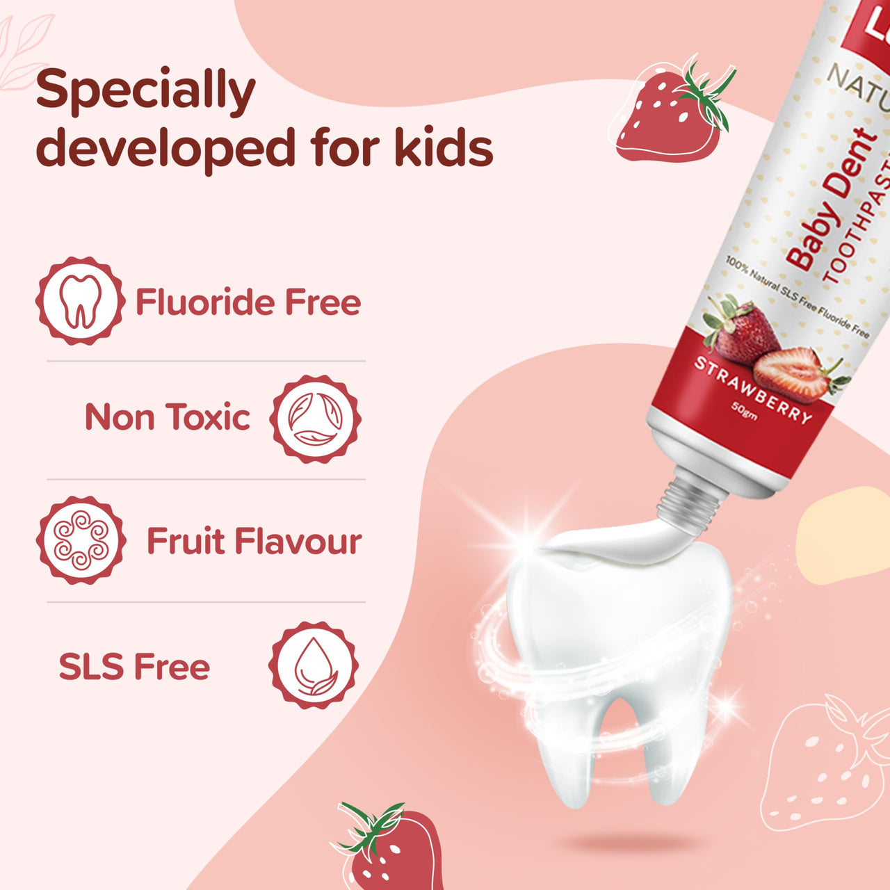 LuvLap Naturals 100% Natural Baby Toothpaste 50G, Strawberry Flavour, Sls & Fluoride Free Kids Toothpaste, Removes Plaque, Prevents Bacteria, Ensures White Teeth, Neutral Ph, 12M+