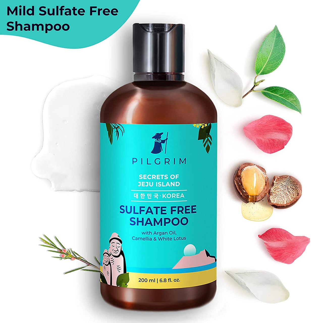 Pilgrim Sulphate Free Shampoo for women & men | Mild shampoo for hair-fall control with argan oil, camellia & white lotus for dry & frizzy hair | Korean skin care products | 200 ml + 200 ml