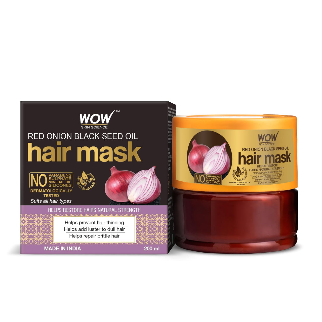 WOW Skin Science Red Onion Black Seed Oil Hair Mask with Red Onion Seed Oil Extract and Black Seed Oil, 200mL, 1 Count