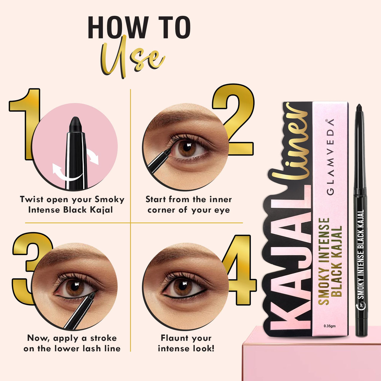 Glamveda Smoky Intense Black Kajal - 0.35g | 24-Hour Long Stay | One-Stroke Smooth Application | Waterproof, Smudgeproof & Sweatproof | Rich Intense Black Pigment | Suitable for Sensitive Eye