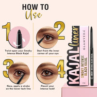 Glamveda Smoky Intense Black Kajal - 0.35g | 24-Hour Long Stay | One-Stroke Smooth Application | Waterproof, Smudgeproof & Sweatproof | Rich Intense Black Pigment | Suitable for Sensitive Eye