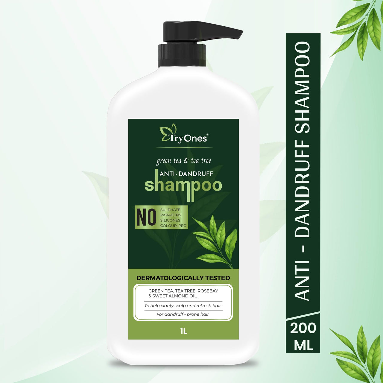TryOnes Green Tea & Tea Tree Anti-Dandruff Shampoo - No Sulphates, Parabens, Silicones, Color & Peg | 1000 ml
