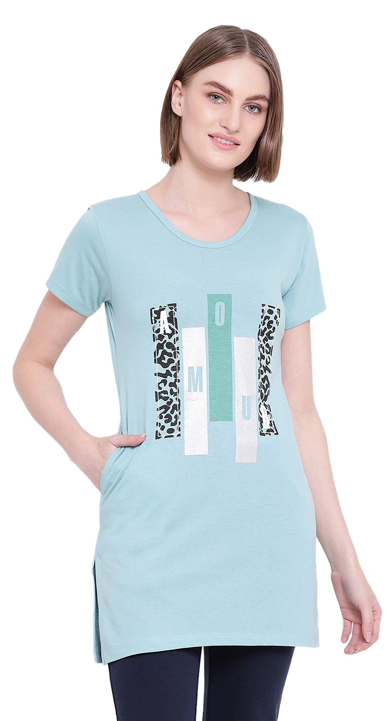 In Love Ladies Long Knee Length Chest Printed Side Slits Tshirts