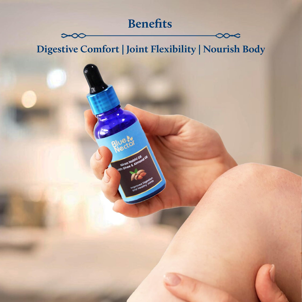 Blue Nectar Nabhi Oil with Ghee & Almond Oil | Belly Button Oil for Digestion & Joint Support | For Managing Knee, Back, & Bodyache | Chemical-Free Ayurvedic Nabhi Oil (21 Herbs, 30 ml)