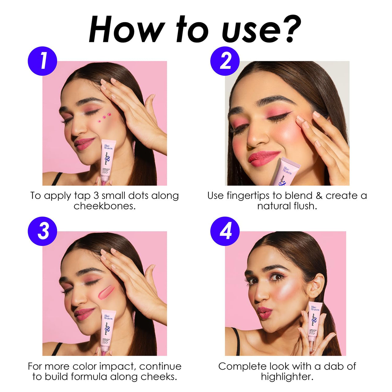 Blue Heaven Pop & Glow Eye & Cheek tint blusher for face makeup, Blush enriched with Rosehip and Coconut oil - Pink Tease, 12ml