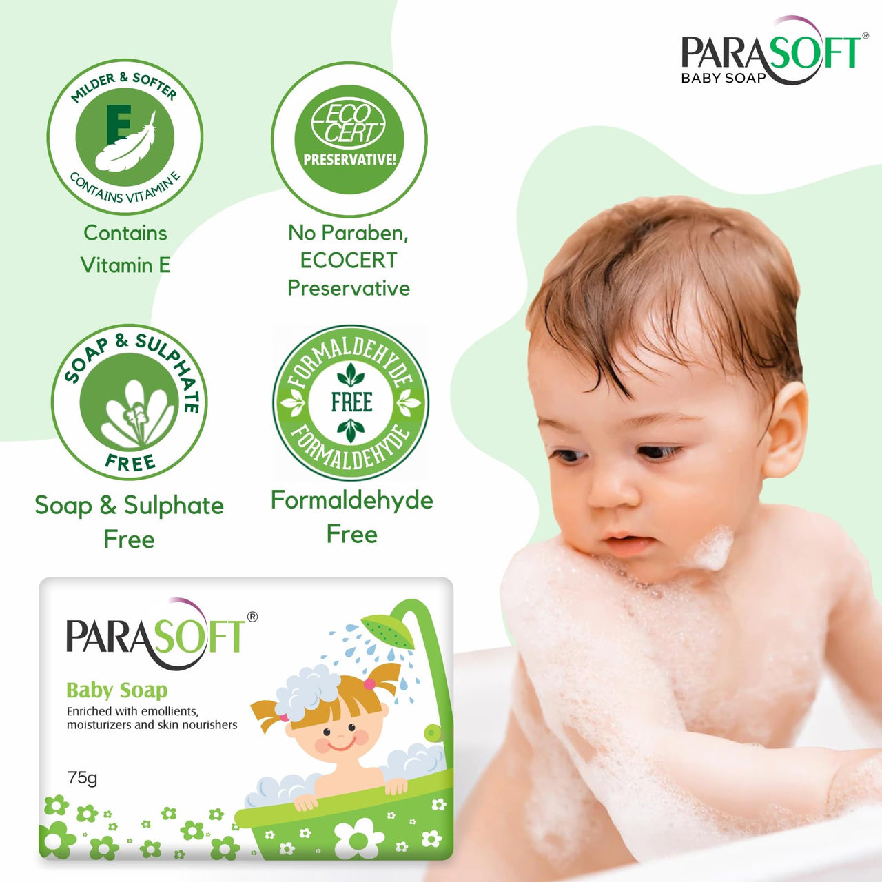 Parasoft Baby Soap Mild & Gentle Daily Moisturizing Bathing Bar with Jojoba Oil, Almond Oil & Vitamin E For Cleansing and Nourishing Skin - 75 gm(Pack of 2)