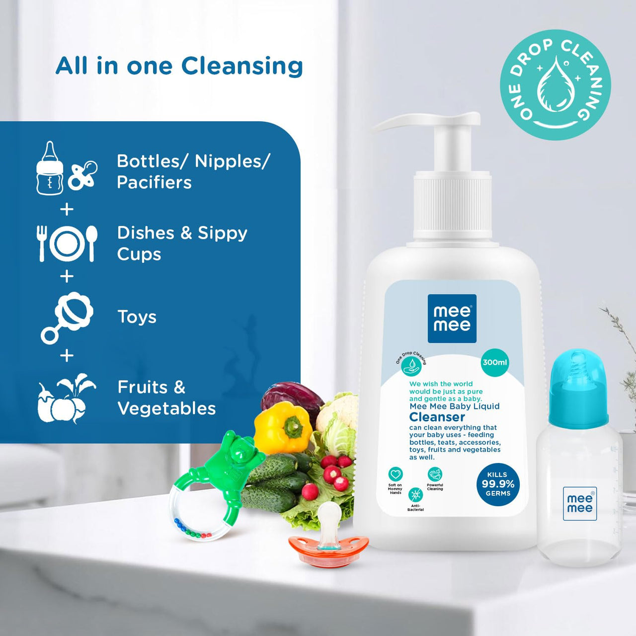 Mee Mee Anti-Bacterial Baby Liquid Cleanser (300 ml - Bottle), Transparent (MM-1300 300ML)