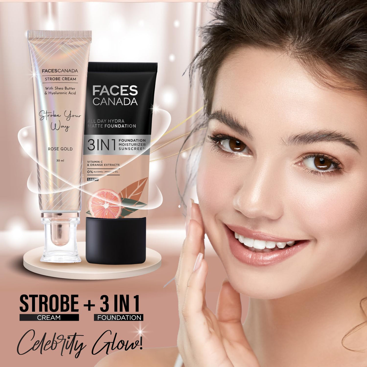 FACESCANADA Strobe Cream - Rose Gold,30Ml|Primer + Highlighter + Moisturizer|Shea Butter & Hyaluronic Acid|Intense Hydration|Flawless Radiant Dewy Skin|Illuminating & Glowing Makeup Base,3 Pieces