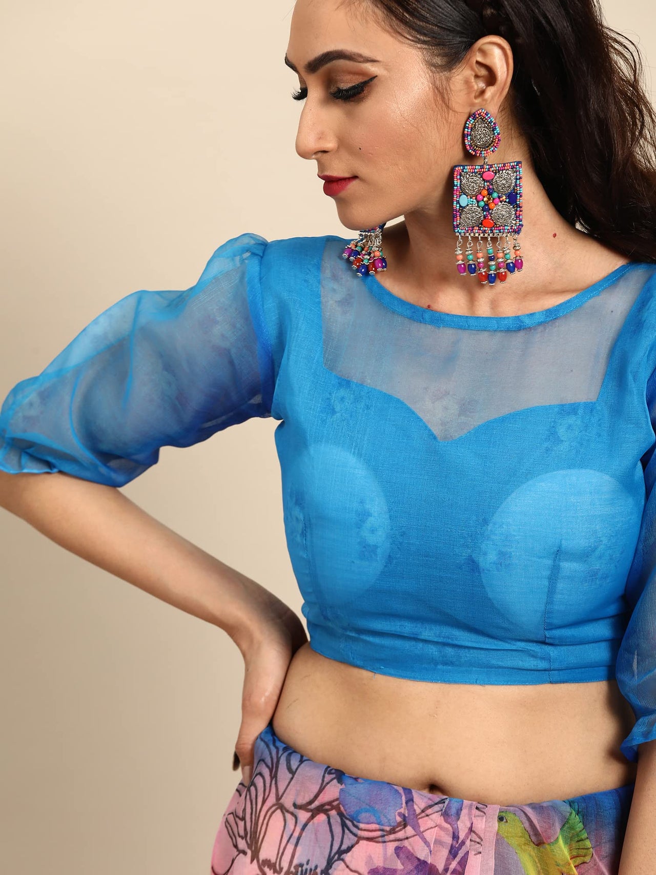 AKHILAM Women's  Knit Floral Printed Organza Saree with Unstitched Blouse Piece (FF0SAGE10_Parent)