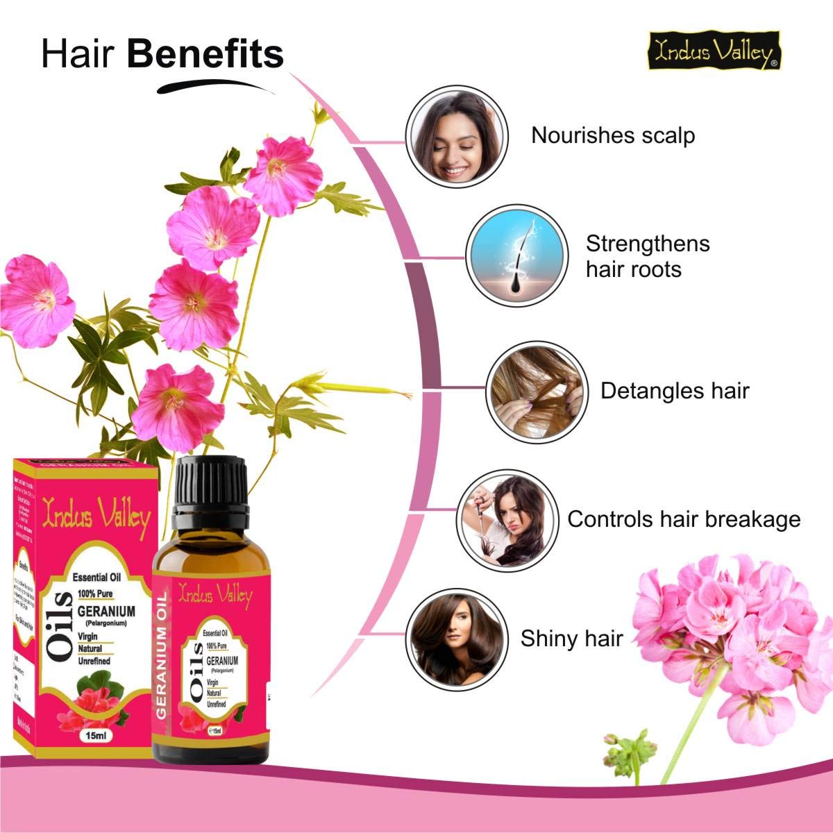 Indus Valley 100% Pure Natural & Organic, Undiluted Geranium Essential Oil with Glass Dropper for Skin, Hair Care -15ml