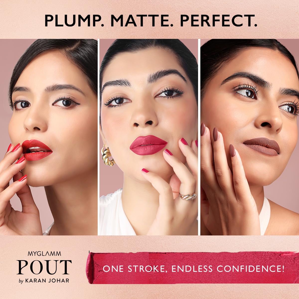 MyGlamm POUT by Karan Johar Intense Matte Plumping Lipstick - Dramatic Pout (Deep Pink Shade) | Highly Pigmented, Long Lasting, Lightweight, Creamy Matte Lipstick For Lip Makeup (4g)